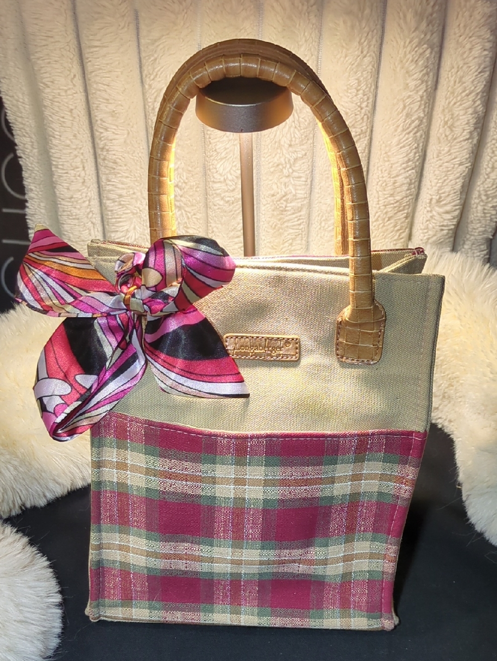 Longaberger Beige Tote with Burgundy Plaid and Multicolor Scarf